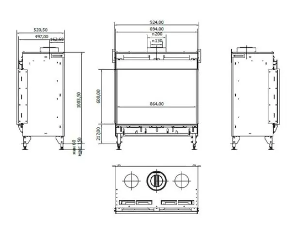 Чертеж газового камина Планика Монро