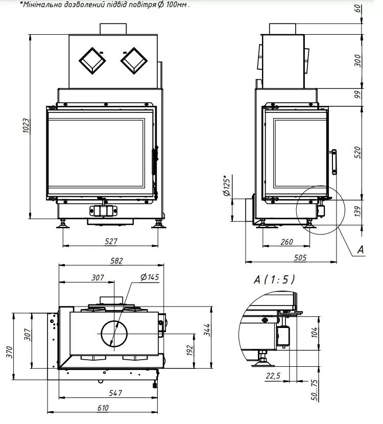 Угловая каминная топка 61x37x52 см, чертеж