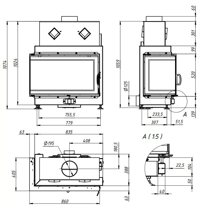 Кутова камінна топка Gavryliv&Sons 86x40x52, креслення