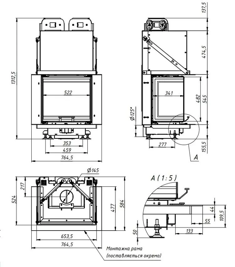Трьохстороння камінна топка Gavryliv&Sons 30х50х30х52 креслення